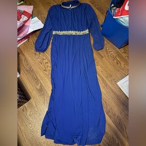 Elegant Long Sleeve Blue Dress with Gold Accents